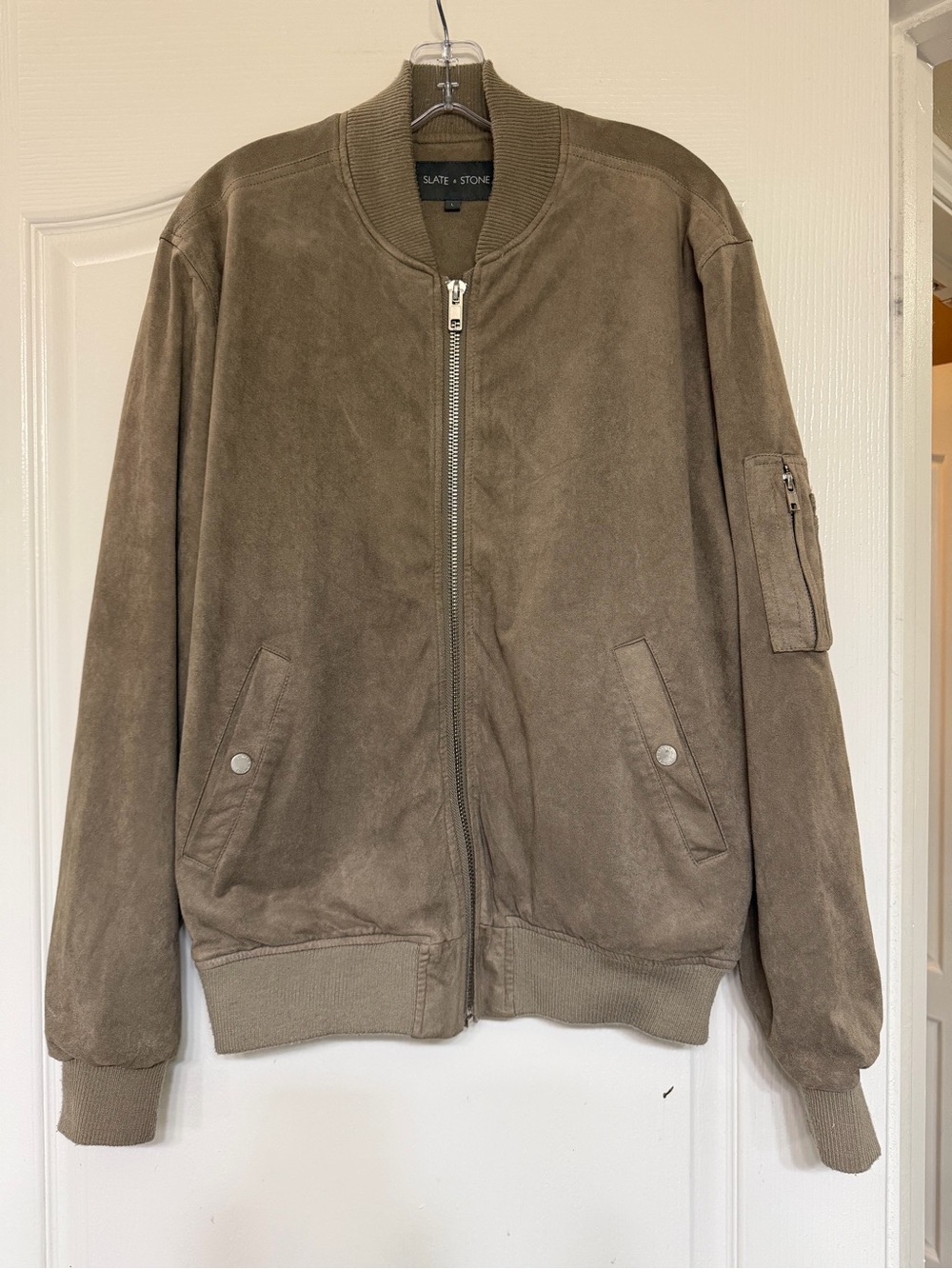 Slate & Stone Men's Faux Suede Bomber Jacket L Tan Taupe Full Zip MA-1 Style